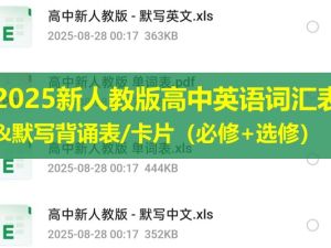 2025新人教版高中英语词汇表&默写背诵表/卡片（必修+选修）分册&汇总（PDF/Excel/Word版下载）