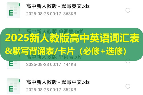 2025新人教版高中英语词汇表&默写背诵表/卡片（必修+选修）分册&汇总（PDF/Excel/Word版下载）第1张